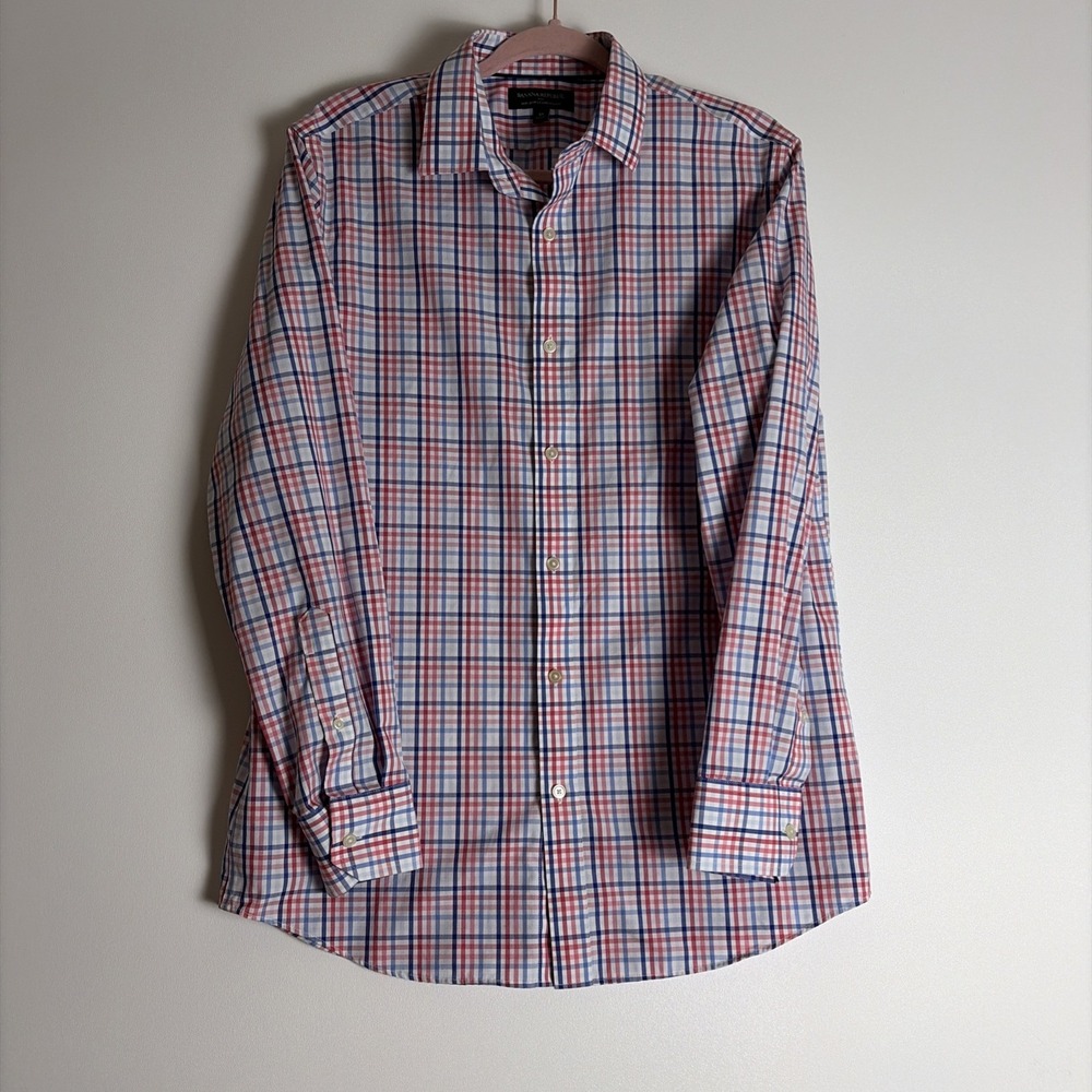 Banana Republic Men's Button Down Shirt Red White & Blue Plaid Size Medium
